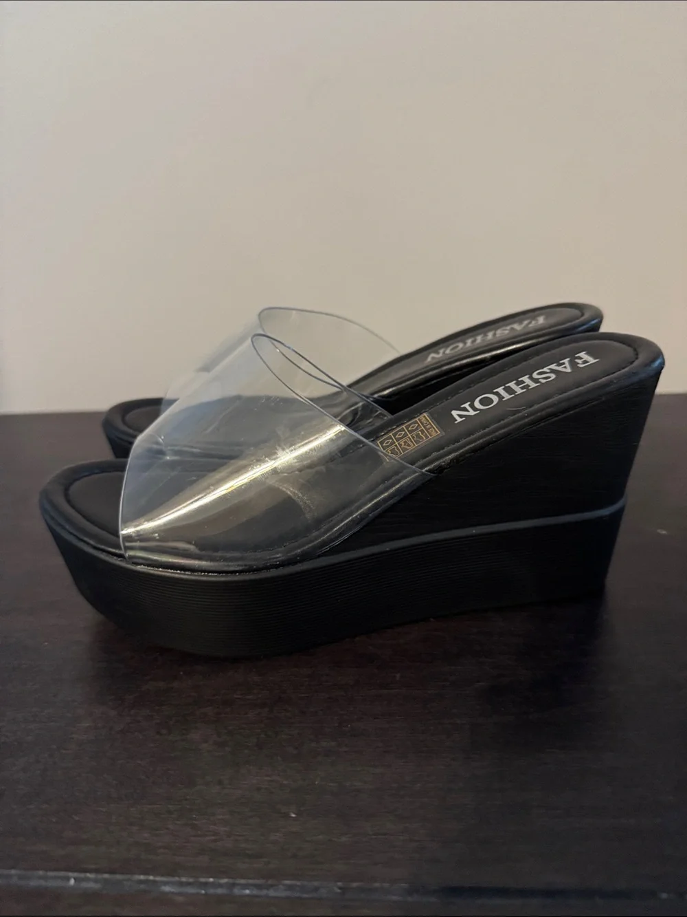 Clear Strap Black Platform Wedge Sandals